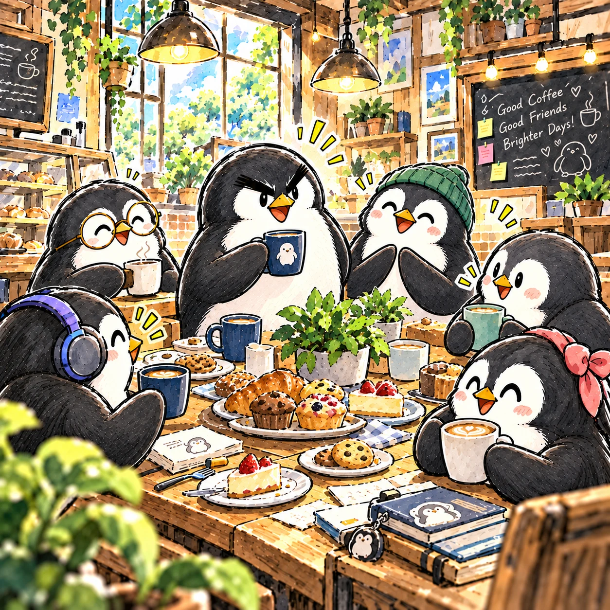 カフェで交流するクリエイターのペンギンたち