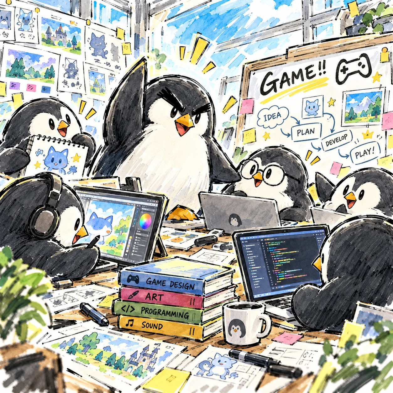ゲーム開発を支援するペンギンたち