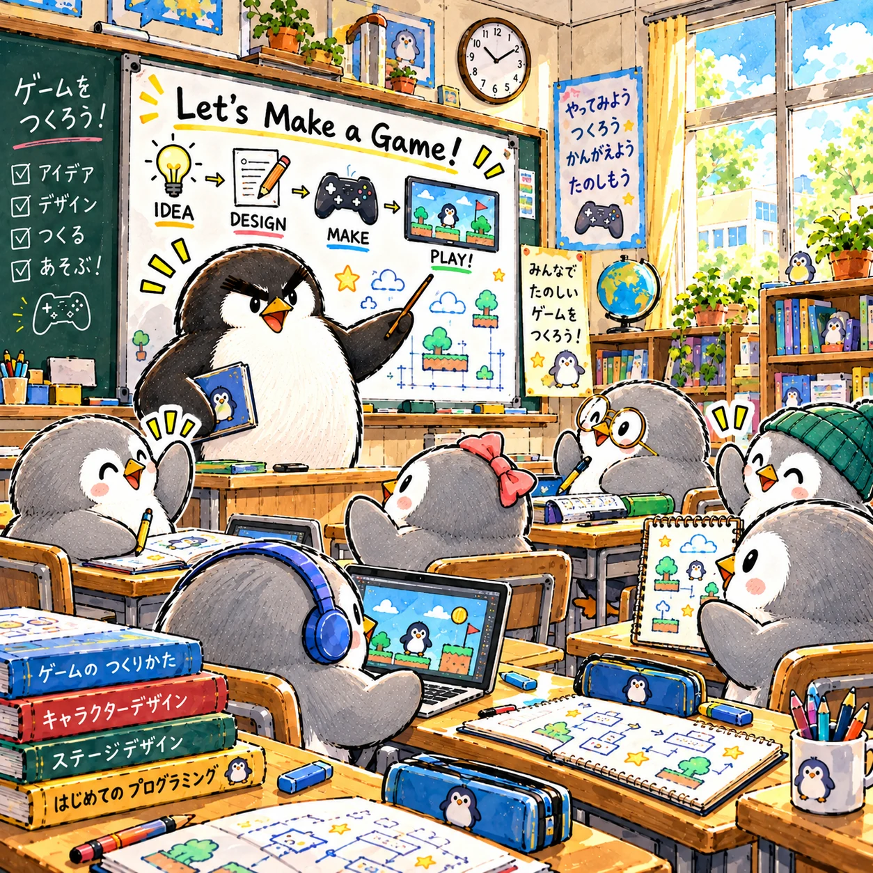 教室でゲームづくりを学ぶ子供ペンギンたち