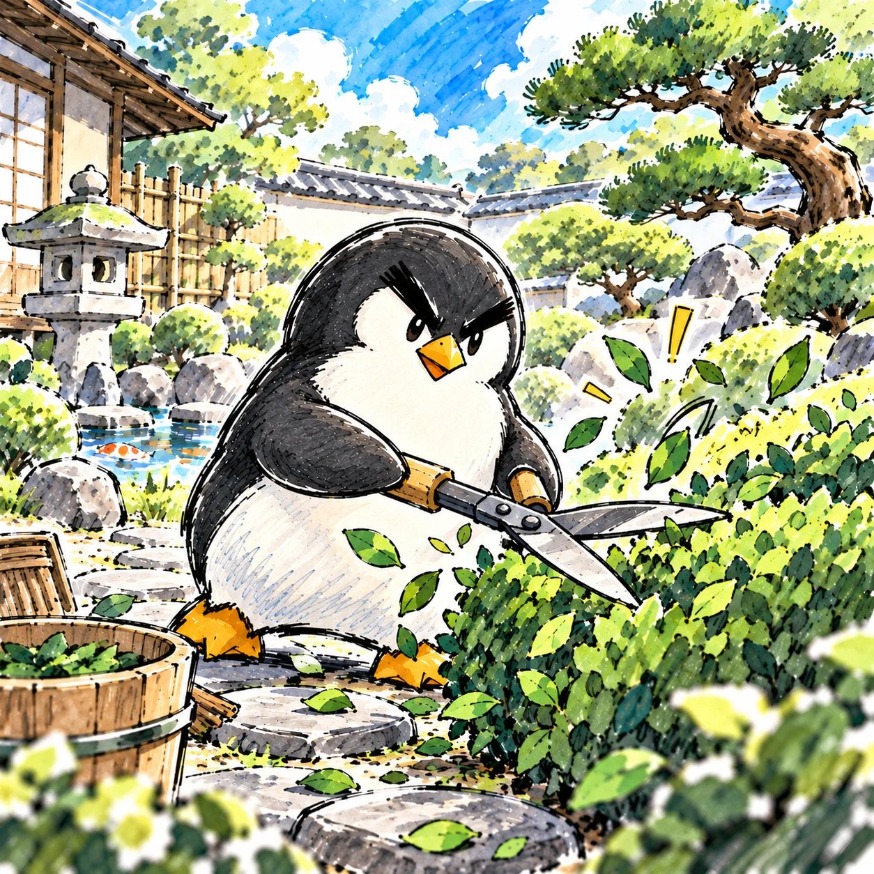 庭木を剪定するペンギン