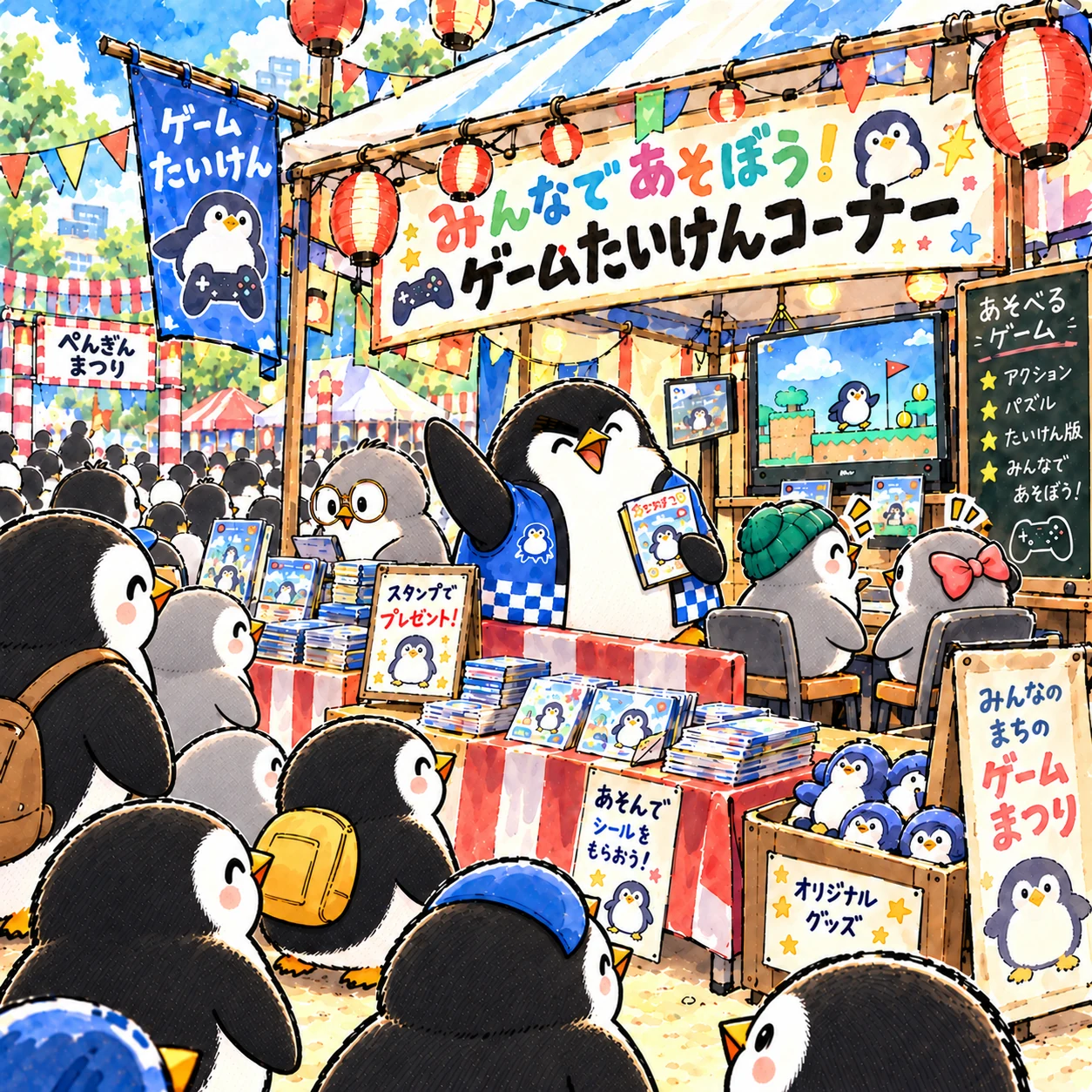 地域のお祭りでゲームを出展するペンギンたち